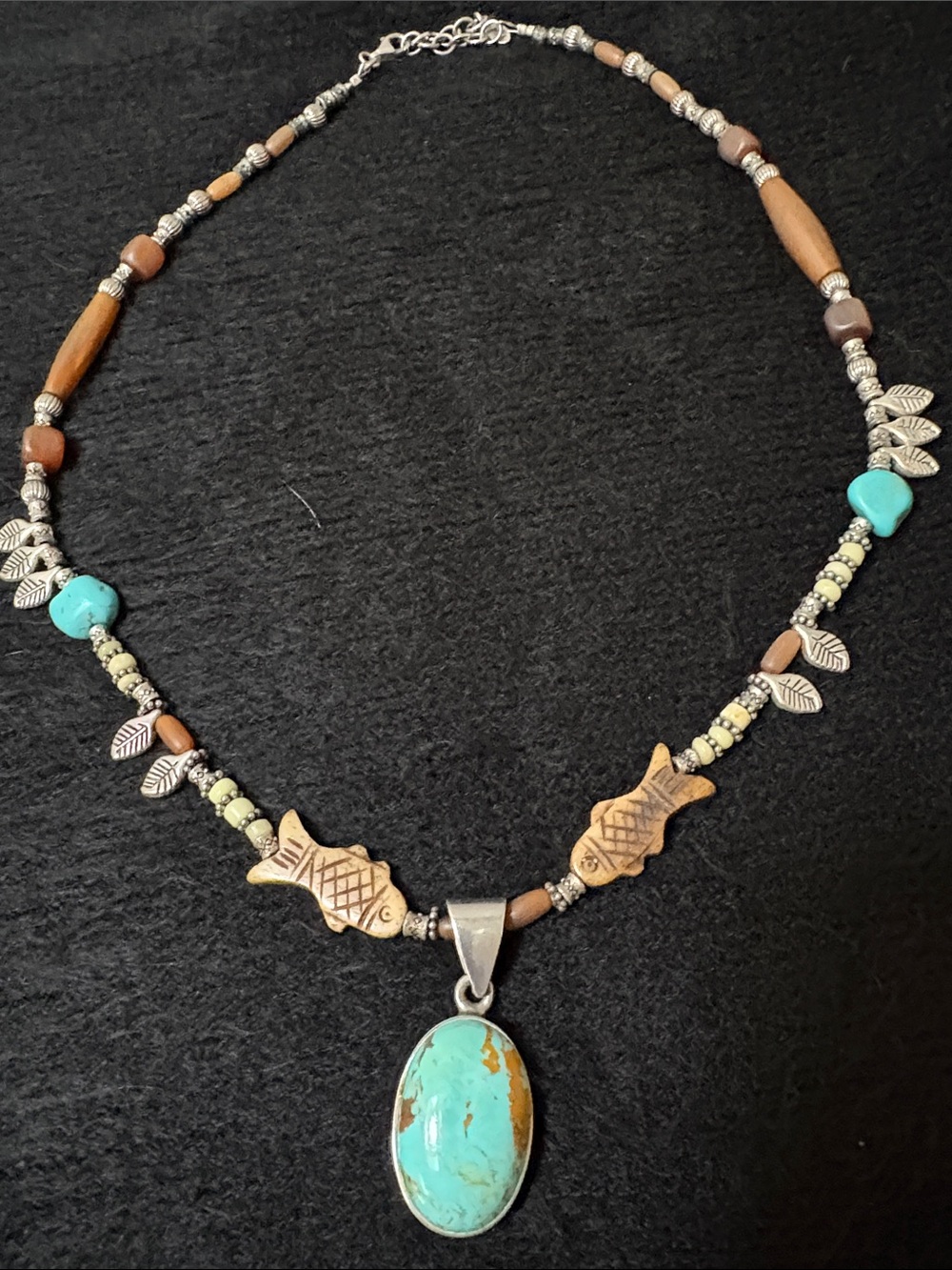 Barse Handcrafted Turquoise Pendant Necklace with Wood Beads and Fish Charms